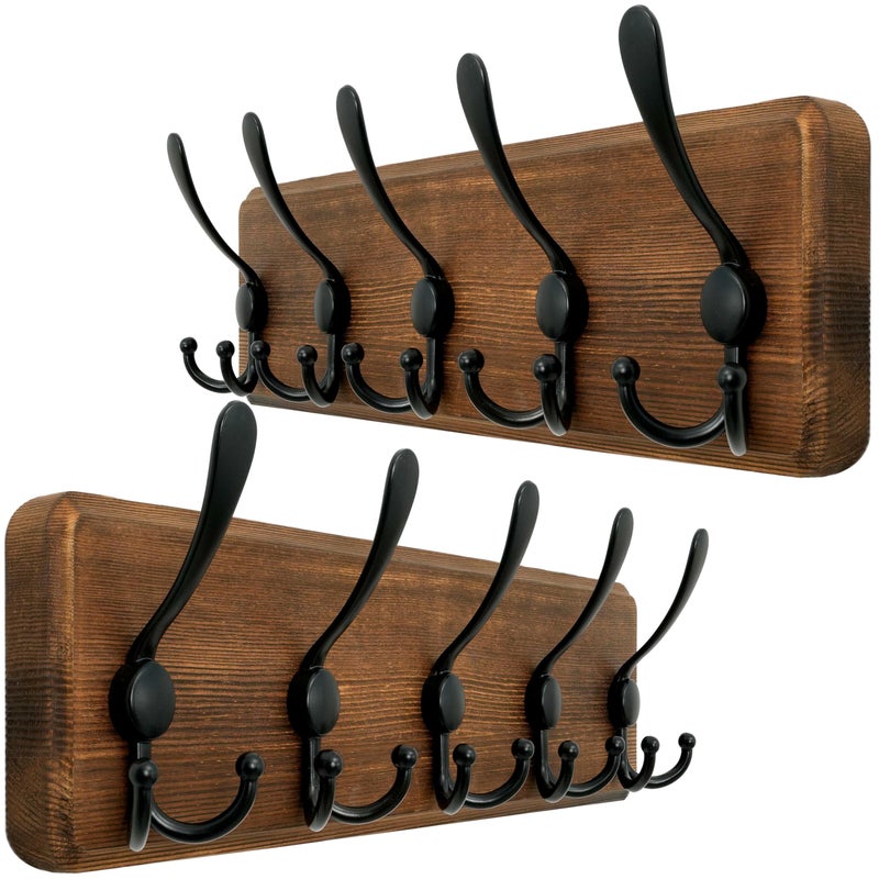 WEBI Rustic Coat Rack Wall Mounted,Wood Coat Hanger Wall,5 Coat Hooks,16" Hole to Hole,Hook Rack Rail,5 Triple Hooks for Hanging Jacket,Clothes,Hats,Entryway,Brown,2 Packs - Image 1